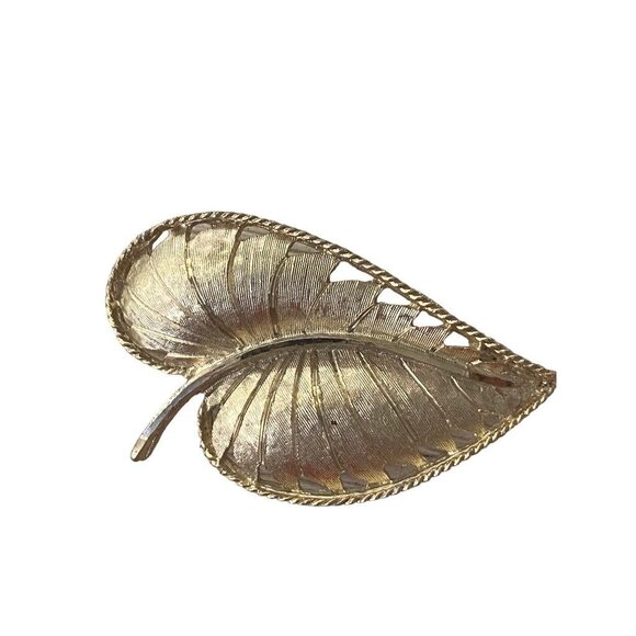 Signed BSK Goldtone Brooch Brushed Leaf Textured 2.1" Pin - Picture 16 of 16